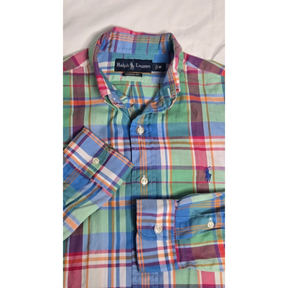 🐎 Polo Ralph Lauren Button Shirt Mens Medium Multicolor Madras Plaid Cotton